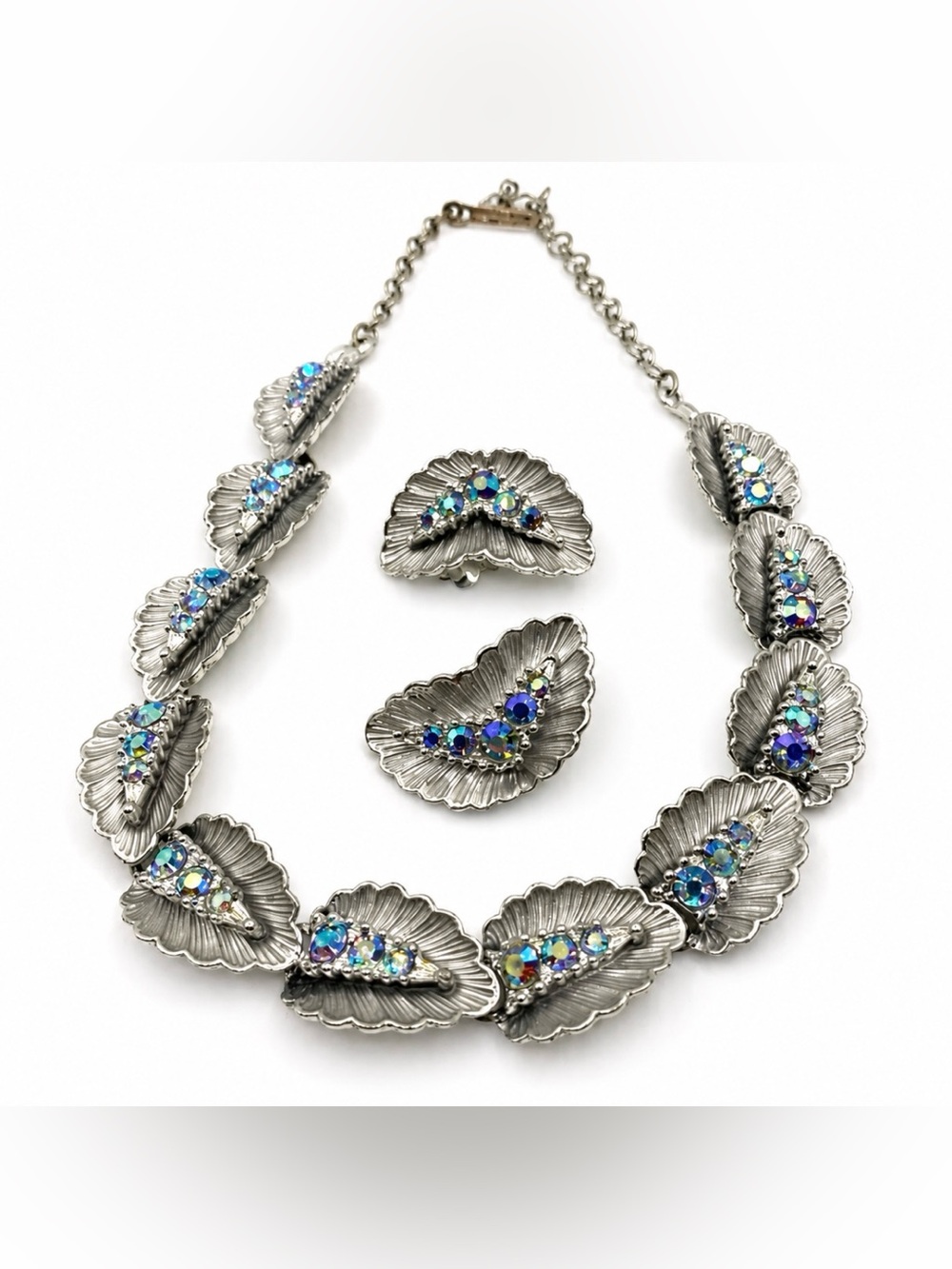 BSK Blue Aurora Borealis Necklace and Clip On Earring Demi-Parure Set Stellar